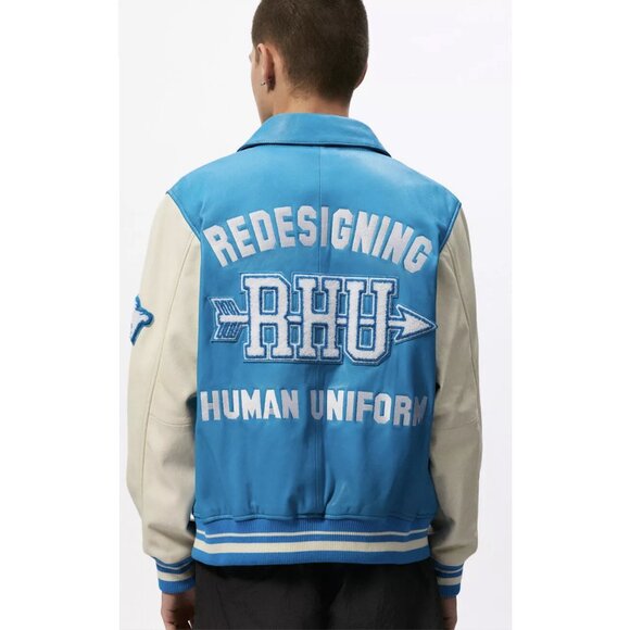 Zara X Rhuigi Leather Varsity Bomber Jacket Blue White NWT - Picture 5 of 13